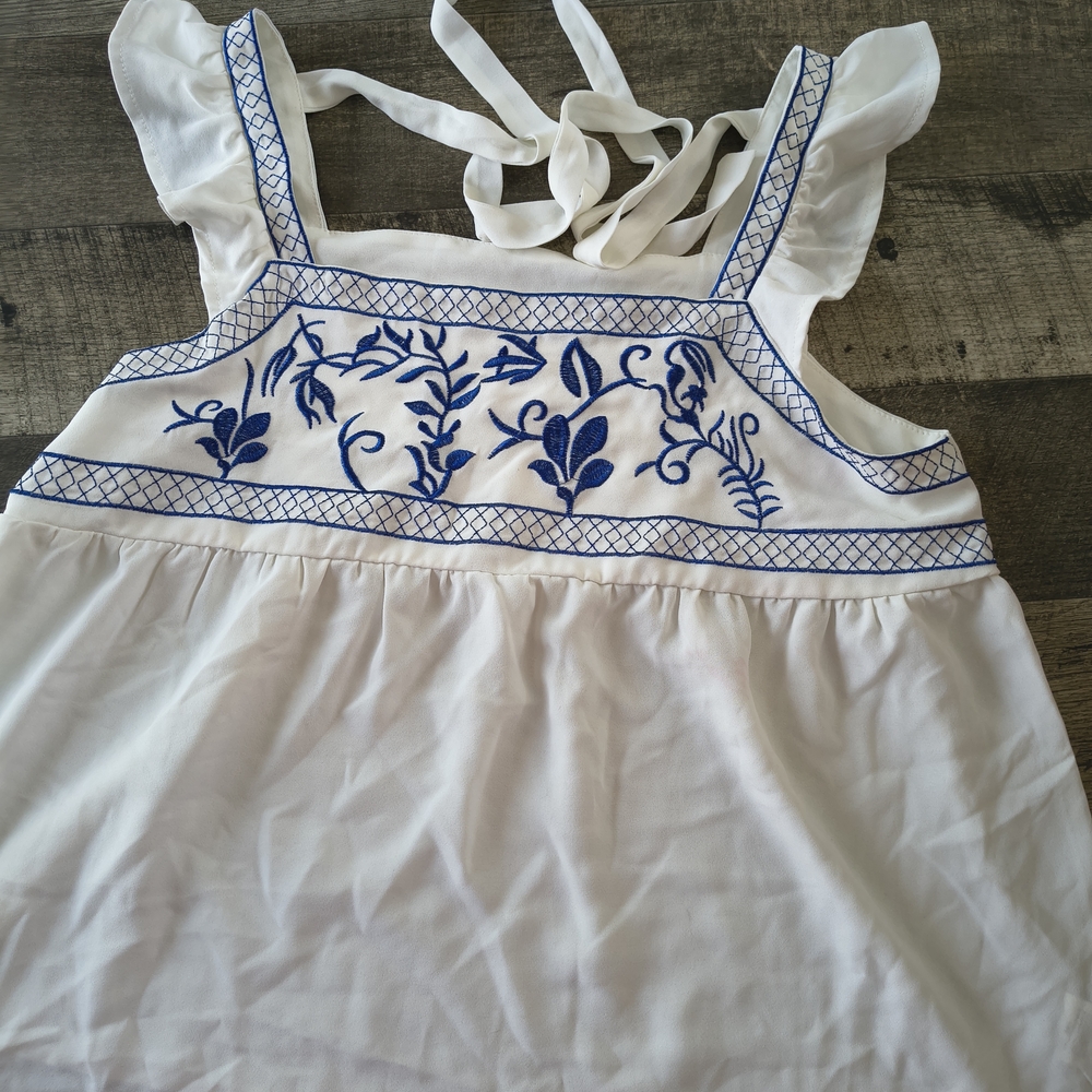 Greek Vacation Energy Embroidered Tie Back Top